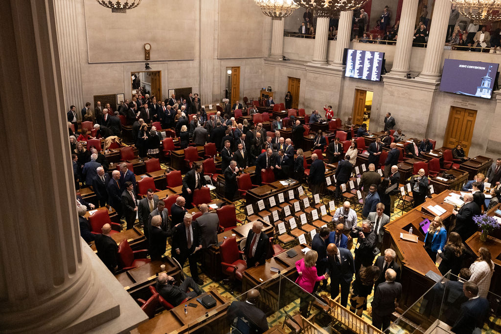 Representatives enter the House chamber of the Capitol in Nashville, Tennessee on Feb. 2, 2026. 