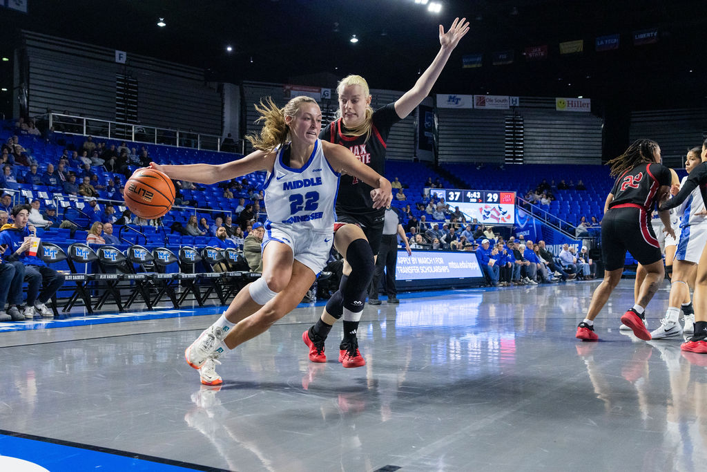 Macie Phifer battles a Jax State defender in Murfreesboro, Tennessee, on February 13, 2026.