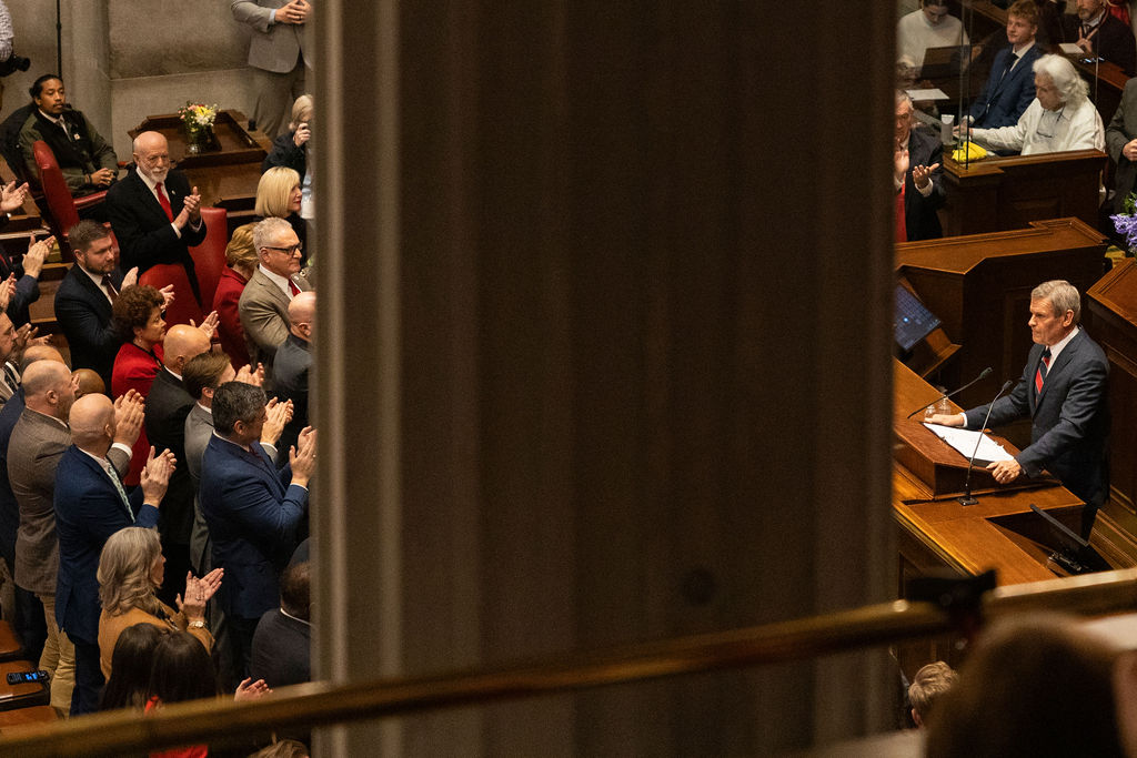 Reactions vary as Gov. Bill Lee delivers his last State of the State address to the Tennessee General Assembly in the House chamber of the Capitol Nashville, Tennessee onFeb. 2, 2026. 
