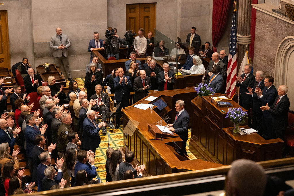 Gov. Bill Lee delivers his final State of the State address to the Tennessee General Assembly in the House chamber of the Capitol on Feb. 2, 2026. 