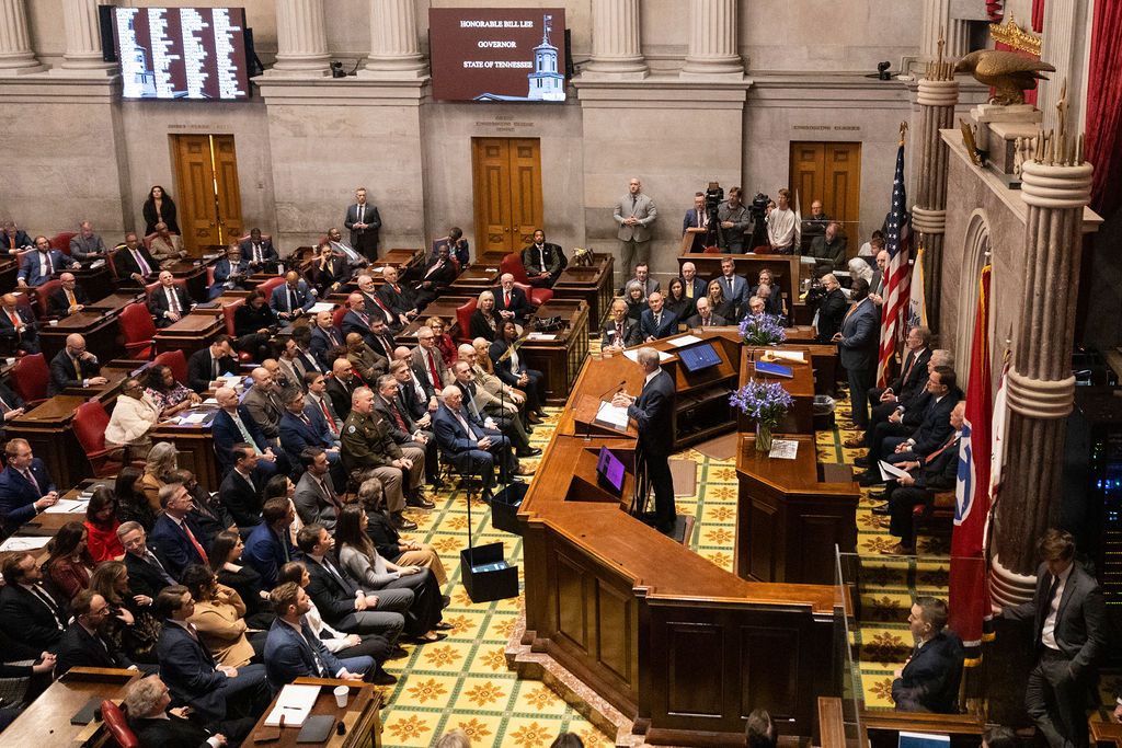 Gov. Bill Lee delivers his State of the State address to the Tennessee General Assembly in the House chamber of the Capitol in Nashville, Tennessee on Feb. 2, 2026. 