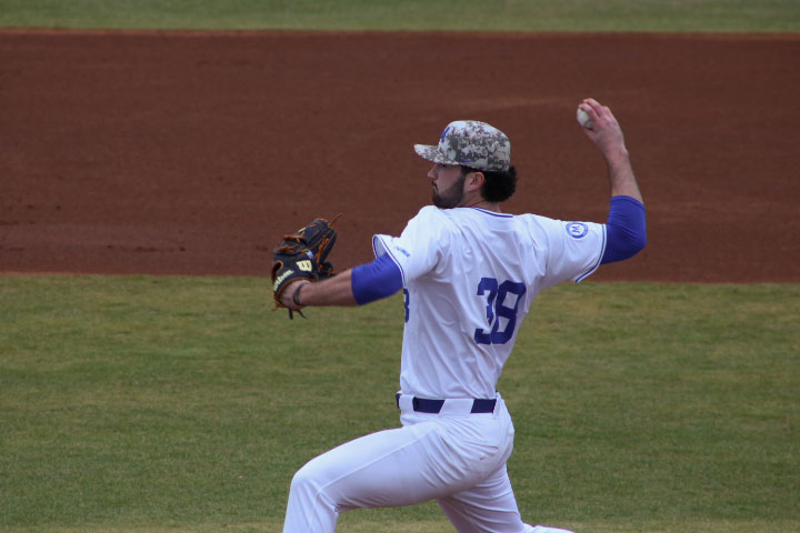 MTSU pitcher David Horn Jr. in his windup against the Bellarmine Knights at the Reese Smith Jr. Field on Feb. 14, 2026.