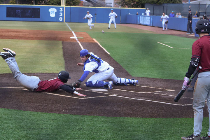 MTSU catcher, Tyler Minnick #3, gets Bellarmine Knight , AJ Swader #12 out at the plate at the Reese Smith Jr. Field on Feb. 14, 2026. 