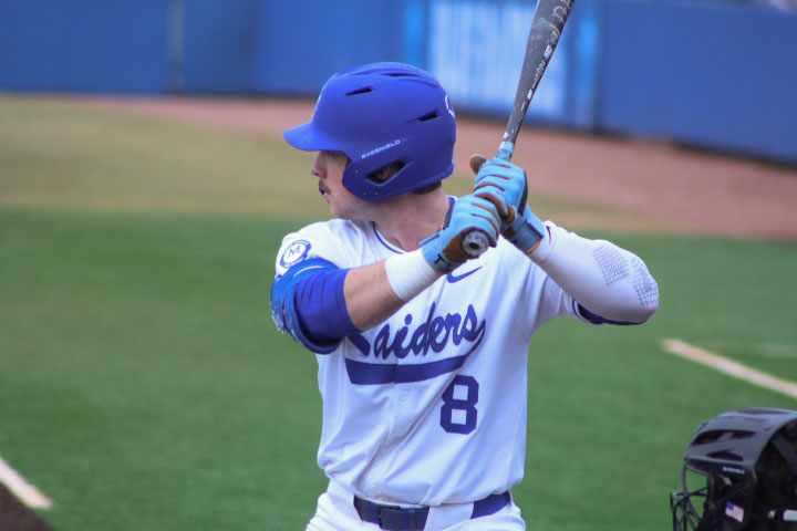 MTSU outfielder, Nathan Brewer, batting against the Bellarmine Knights at the Reese Smith Jr. Field on Feb. 14, 2026. 