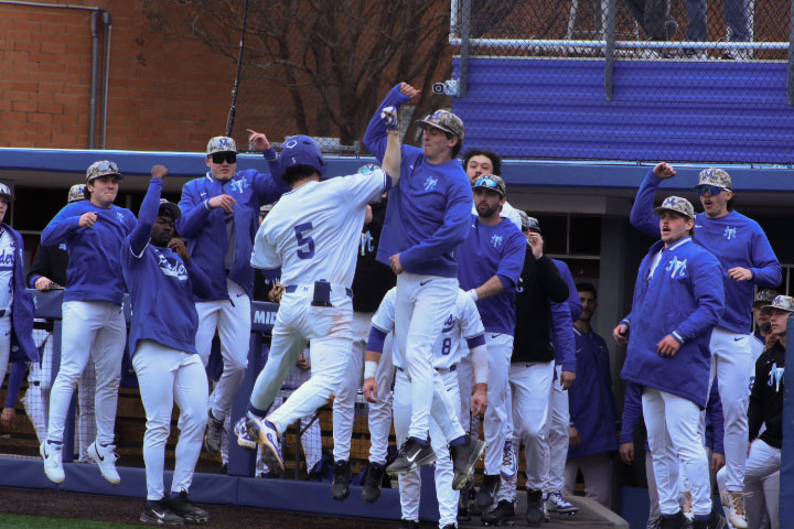 MTSU infielder, Matt Wolfe #5, celebrating a home run with the team against the Bellarmine Knights at the Reese Smith Jr. Field on Feb. 14, 2026. 