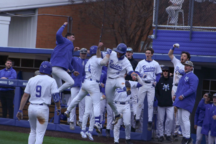 MTSU infielder, Cooper Clapp, celebrating a home run with the team against the Bellarmine Knights at the Reese Smith Jr. Field on Feb. 14, 2026. 