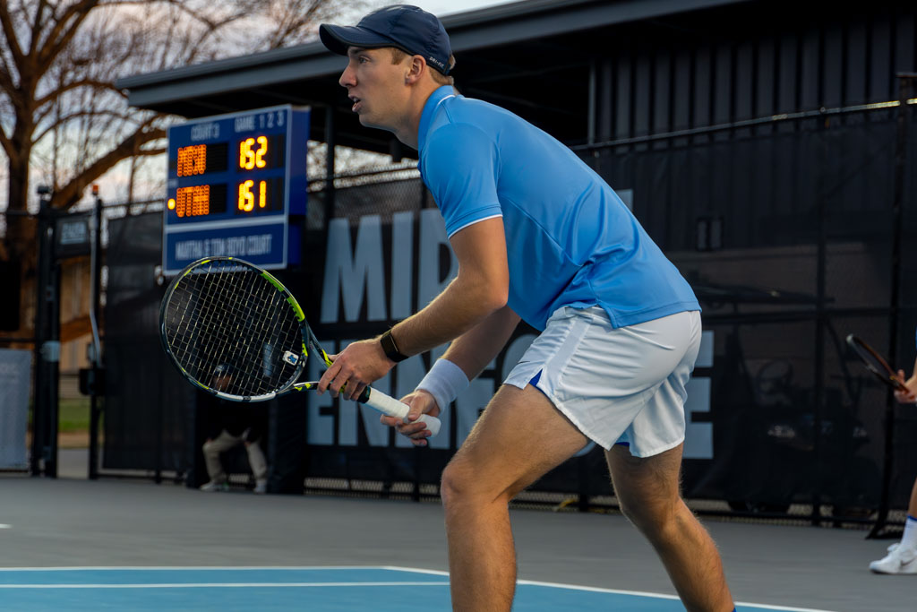 Ondrej Horak prepares for next point at the MTSU outdoor tennis complex on Feb. 20, 2026. 
