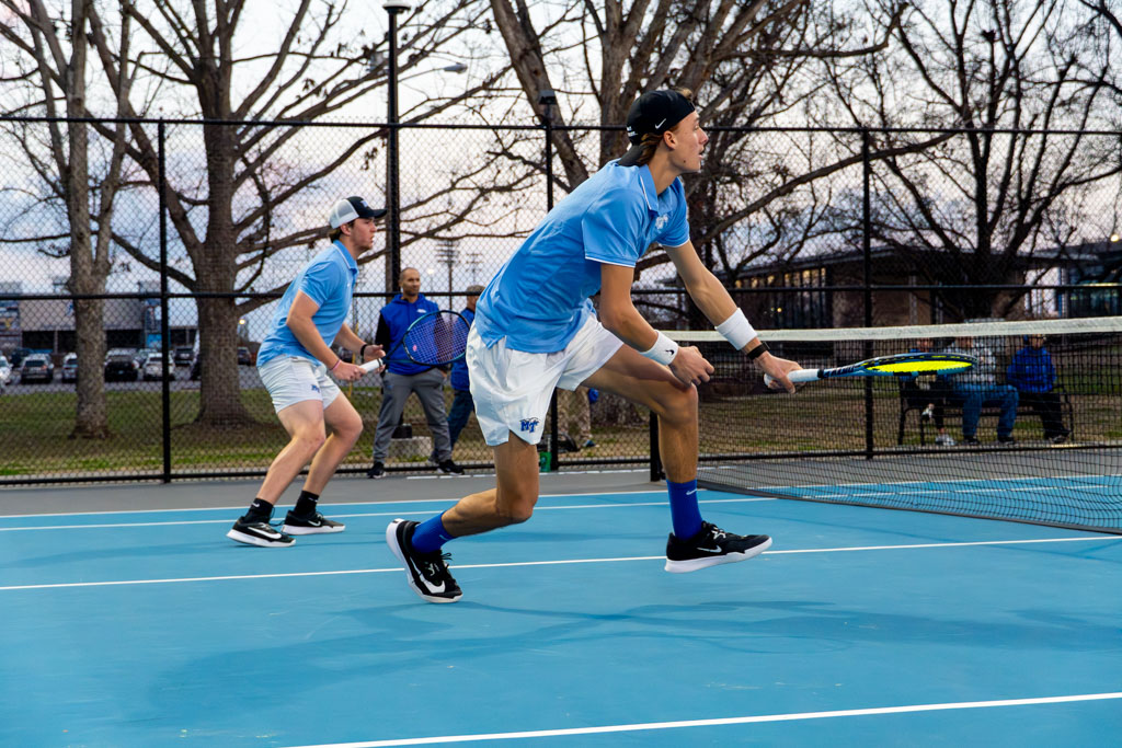 Houston Jacques (left) and Antoine Mayoral (right) play doubles at the MTSU outdoor tennis complex on Feb. 20, 2026. 