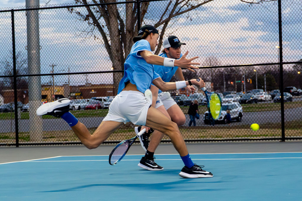 Antoine Mayoral (left) and Houston Jacques (right) both go to return a volley against Utah at the MTSU outdoor tennis complex on Feb. 20, 2026. 