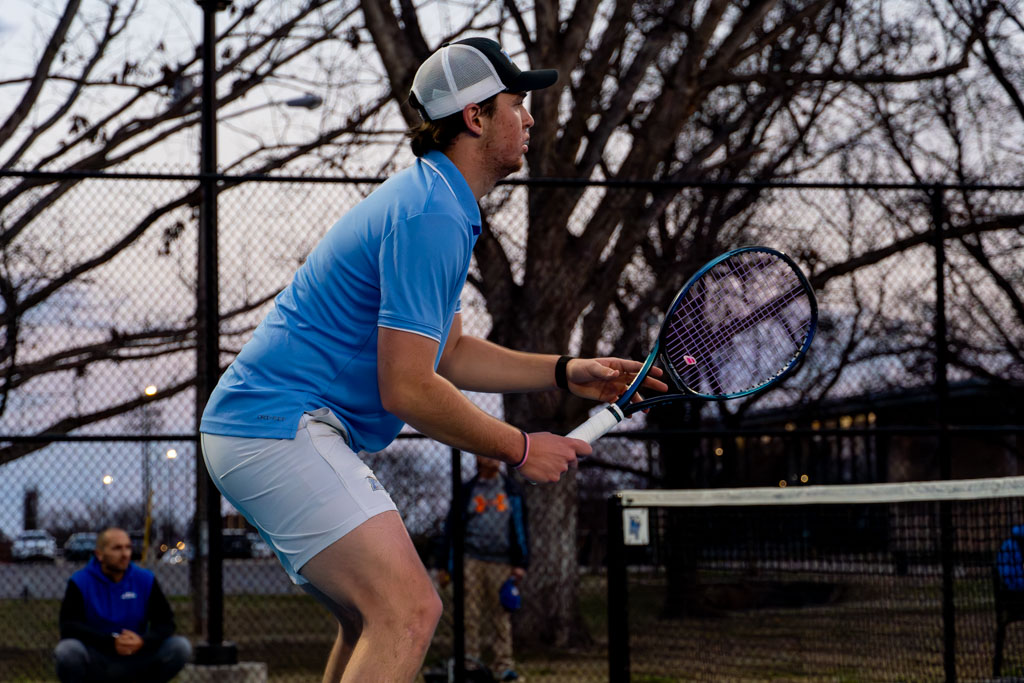 Houston Jacques prepares for to return serve at the MTSU outdoor tennis complex on Feb. 20, 2026. 
