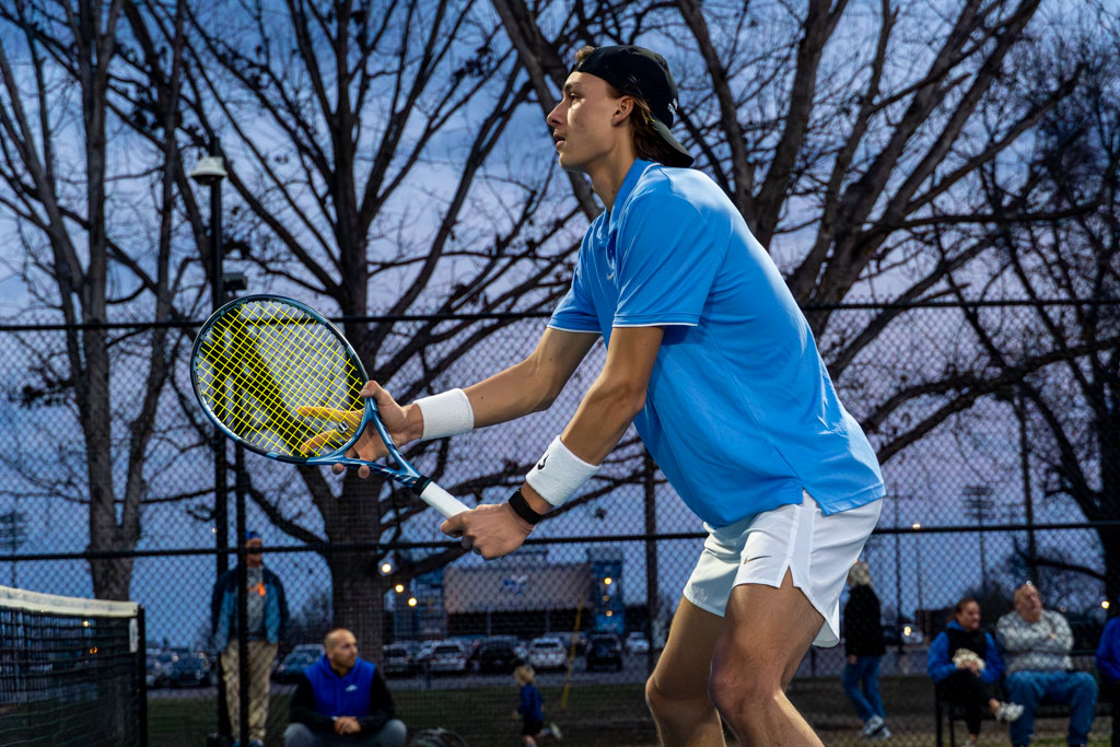 Antoine Mayoral gets set at the net against Utah at the MTSU outdoor tennis complex on Feb. 20, 2026. 