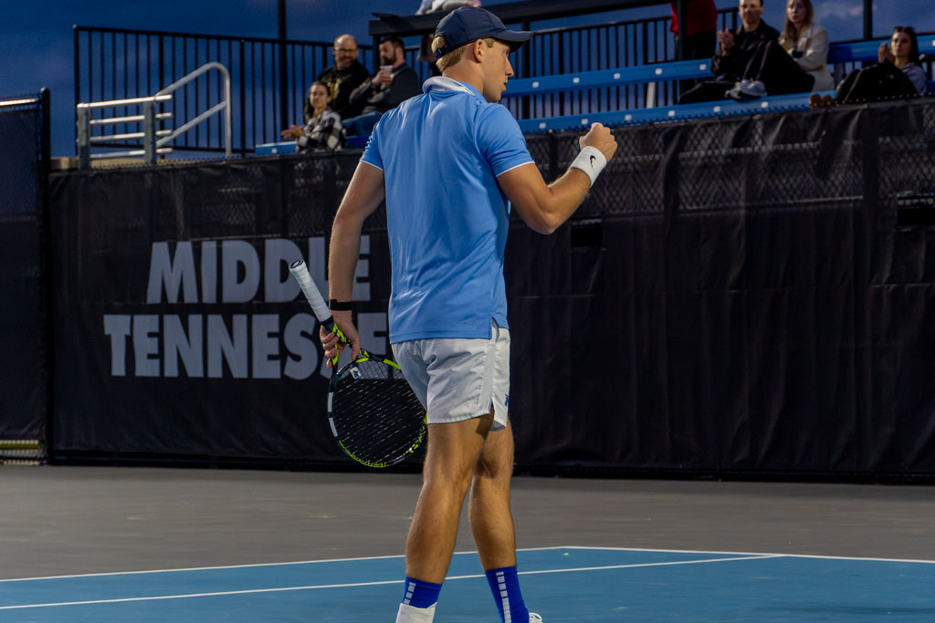 Ondrej Horak celebrates winning a point at the MTSU outdoor tennis complex on Feb. 20, 2026. 