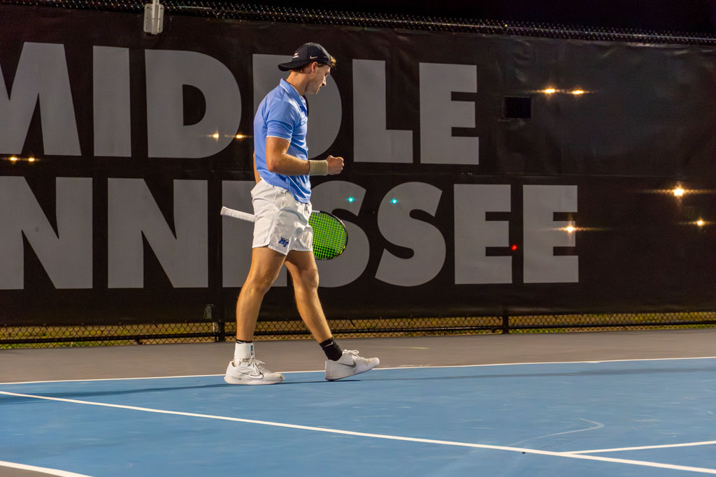 Freddy Murray celebrates scoring at the MTSU outdoor tennis complex on Feb. 20, 2026.