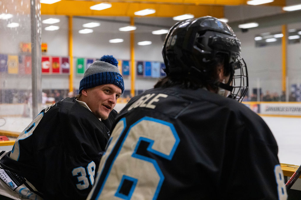 MTSU goaltender Grant Williams (left) chats with MTSU forward Kieran Ogle (right) in the penalty box during a game against South Carolina, on Feb. 6, 2026, inside the Ford Ice Hockey Center in Antioch, Tennessee. 
