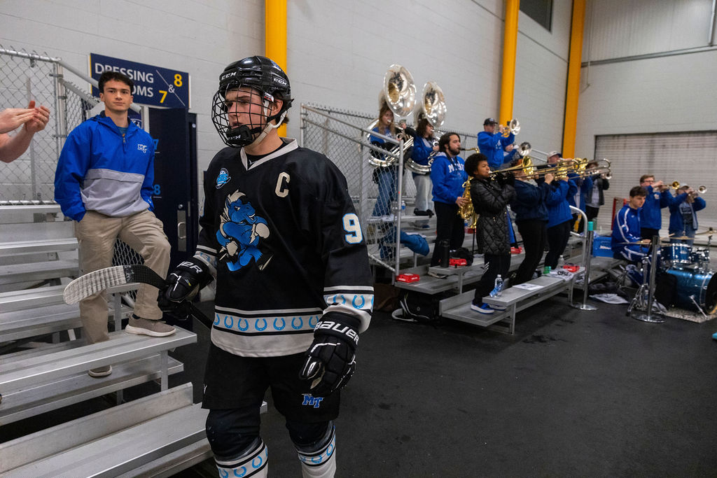 MTSU captain Linden Palmer walks to the ice before a game against South Carolina, on Feb. 6, 2026, inside the Ford Ice Hockey Center in Antioch, Tennessee. 
