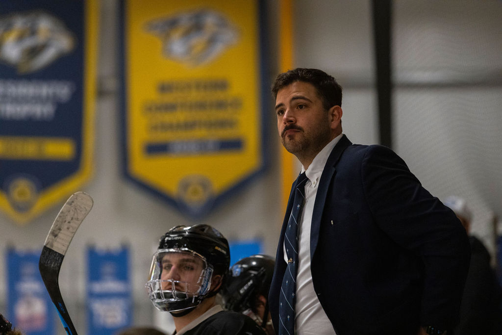 MTSU head coach JJ Murray watches a play develop during a game against South Carolina, on Feb. 6, 2026, inside the Ford Ice Hockey Center in Antioch, Tennessee. 
