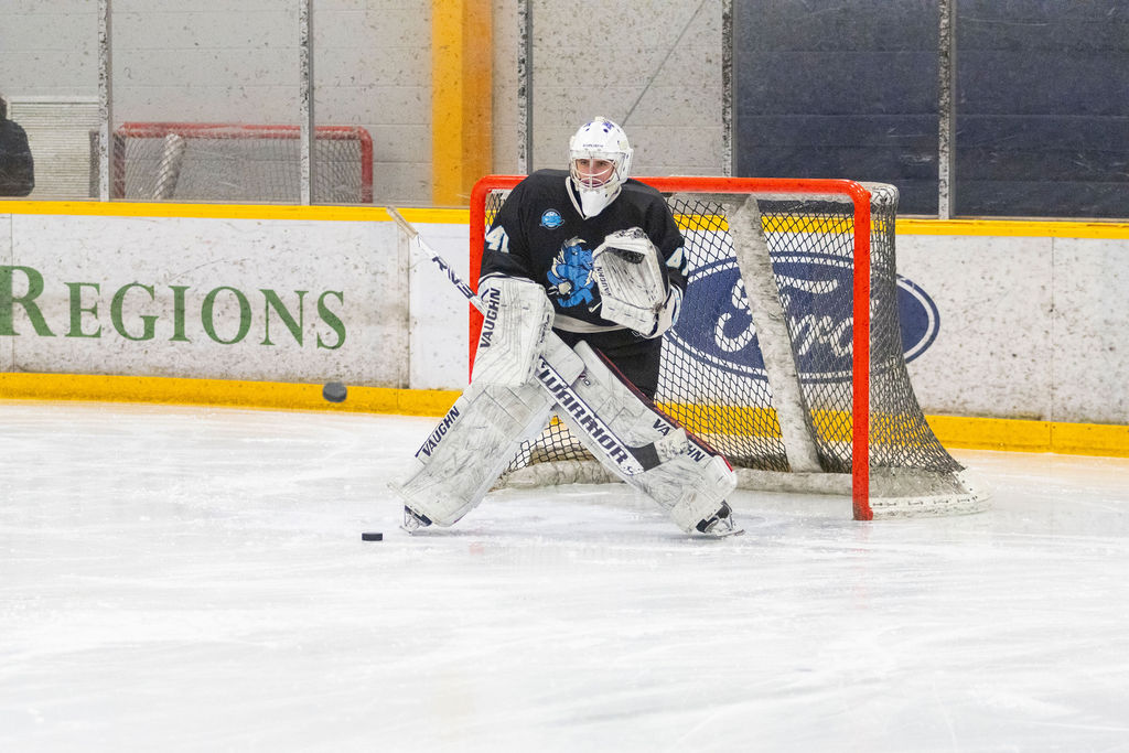 MTSU goaltender Ayden Kopec faces shots in pregame warmups before a game against South Carolina, on Feb. 6, 2026, inside the Ford Ice Hockey Center in Antioch, Tennessee. 

