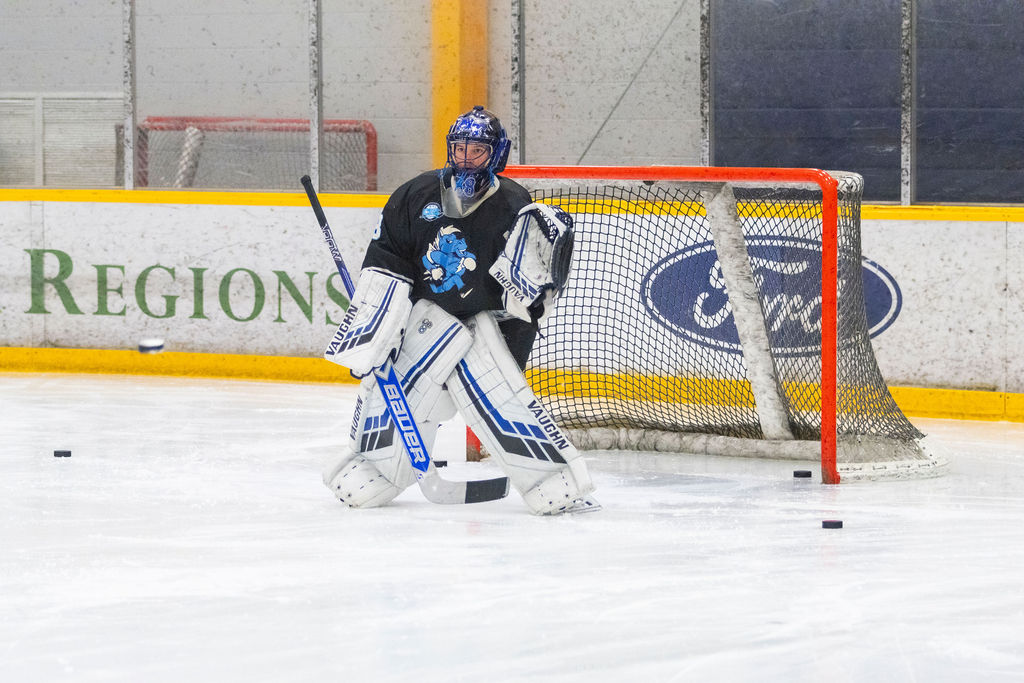 MTSU goaltender Grant Williams faces shots in pregame warmups before a game against South Carolina, on Feb. 6, 2026, inside the Ford Ice Hockey Center in Antioch, Tennessee. 
