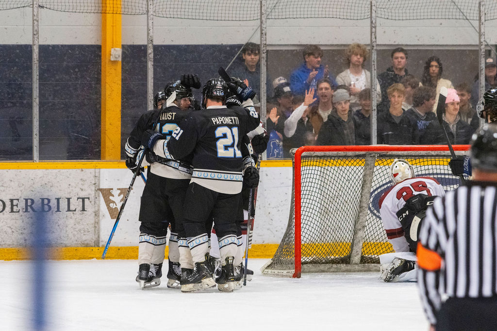 MTSU celebrates a goal during a game against South Carolina, on Feb. 6, 2026, inside the Ford Ice Hockey Center in Antioch, Tennessee. 
