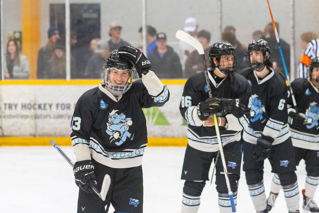 MTSU forward Nick Haust smiles after a goal during a game against South Carolina, on Feb. 6, 2026, inside the Ford Ice Hockey Center in Antioch, Tennessee. 

