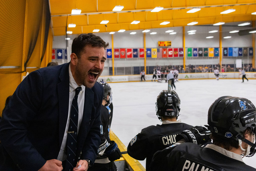 MTSU head coach JJ Murray shouts an adjustment to his team during a game against South Carolina, on Feb. 6, 2026, inside the Ford Ice Hockey Center in Antioch, Tennessee. 
