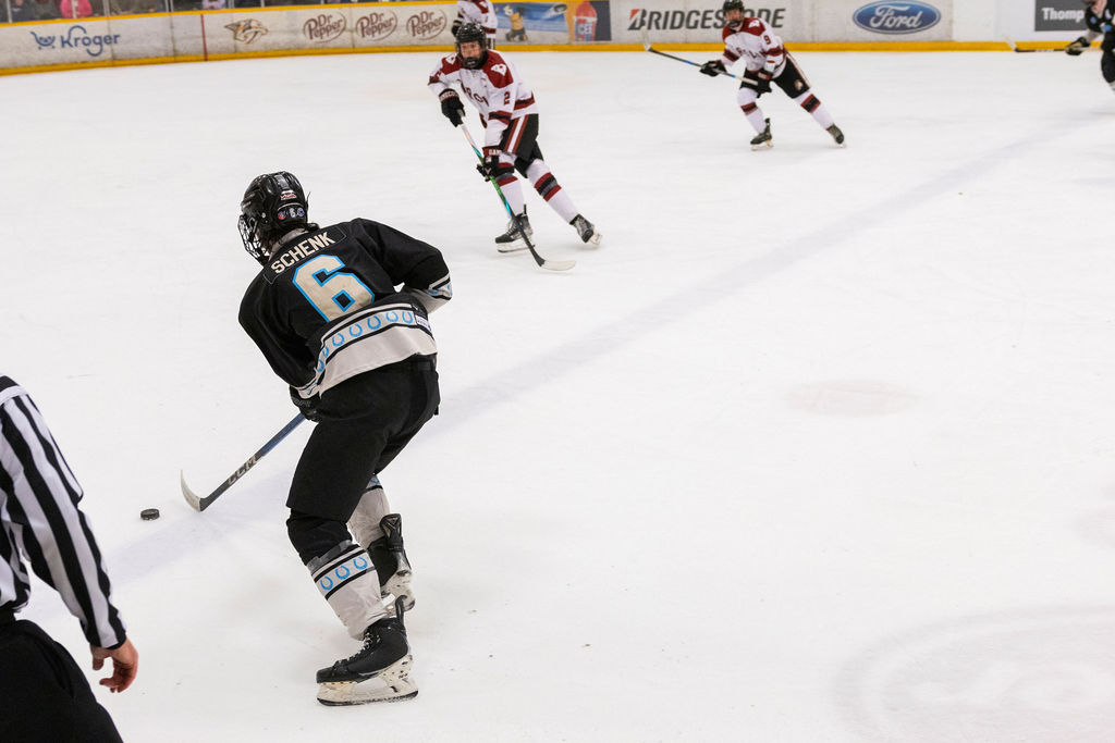 MTSU defenseman Jacob Schenk skates the puck into the offensive zone during a game against South Carolina, on Feb. 6, 2026, inside the Ford Ice Hockey Center in Antioch, Tennessee. 
