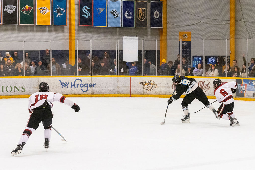 MTSU captain Linden Palmer fires a wrist shot during a game against South Carolina, on Feb. 7, 2026, inside the Ford Ice Hockey Center in Antioch, Tennessee. 

