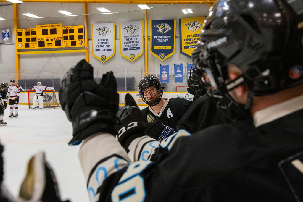 MTSU forward Matthew Siciliano celebrates a goal with the MTSU bench during a game against South Carolina, on Feb. 7, 2026, inside the Ford Ice Hockey Center in Antioch, Tennessee. 