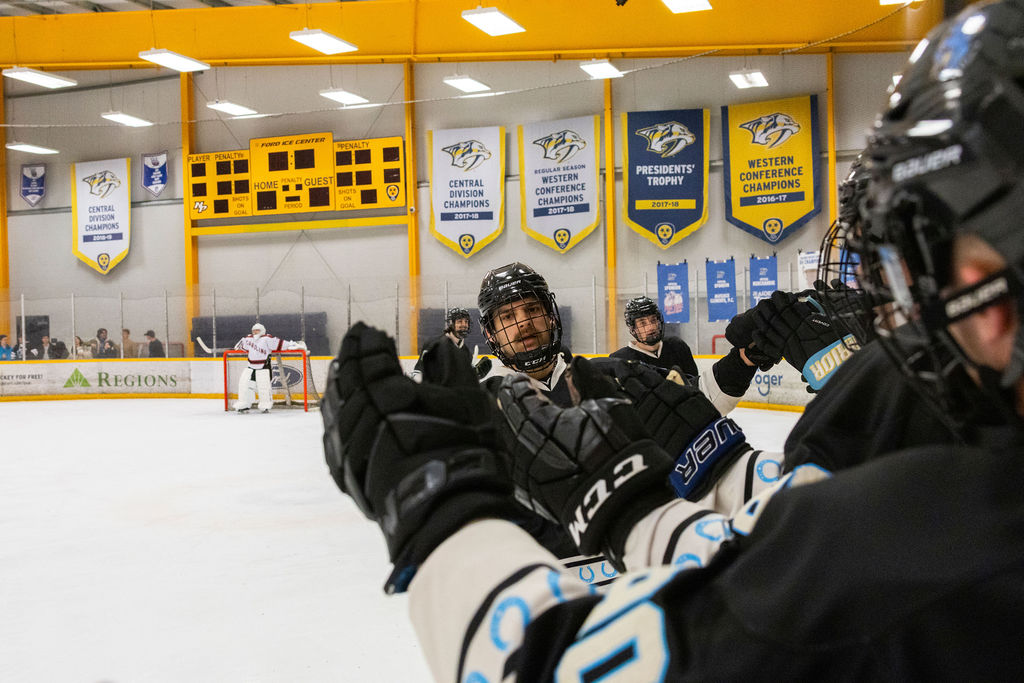 MTSU forward Tommy Chunchukov celebrates a goal with the MTSU bench during a game against South Carolina, on Feb. 7, 2026, inside the Ford Ice Hockey Center in Antioch, Tennessee. 