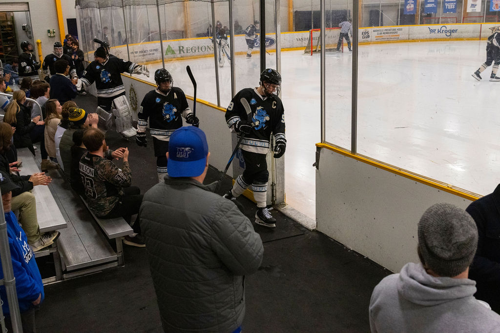 MTSU players enter the ice during a game against South Carolina, on Feb. 7, 2026, inside the Ford Ice Hockey Center in Antioch, Tennessee. 
