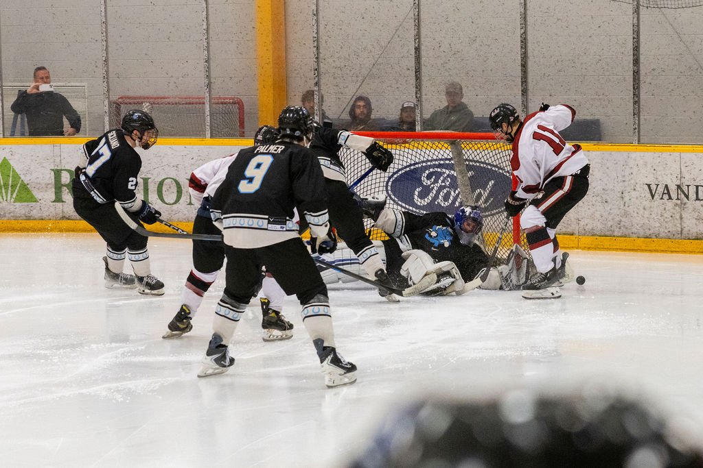 MTSU goaltender Grant Williams sprawls out to make a save during a game against South Carolina, on Feb. 7, 2026, inside the Ford Ice Hockey Center in Antioch, Tennessee. 
