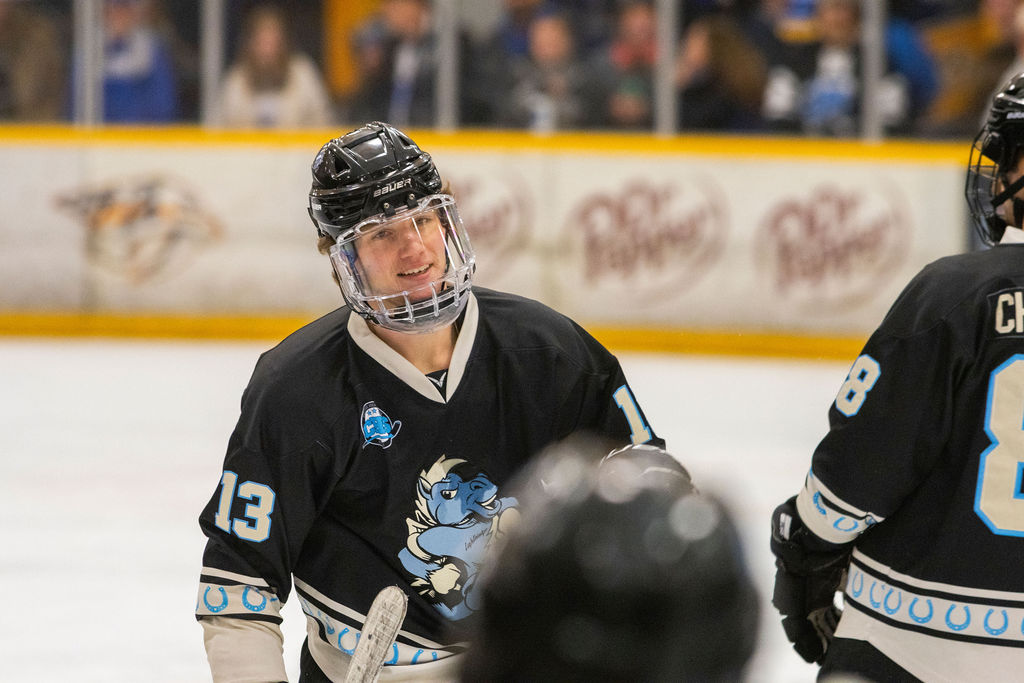 MTSU forward Nick Haust skates to the bench during a game against South Carolina, on Feb. 7, 2026, inside the Ford Ice Hockey Center in Antioch, Tennessee. 
