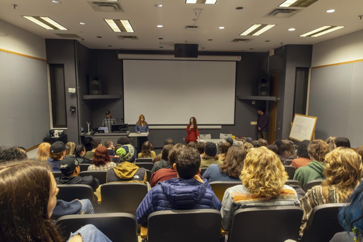 Audience watching Zoe Vecchio welcoming with Kristine Potter and Rahim Fortune at the artist talk at MTSU on Feb. 3. 2026. 
