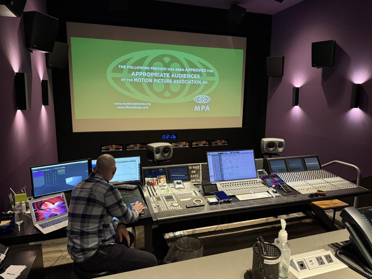 MTSU alum Matt Guiler shows students a movie trailer in his studio in Los Angeles on Jan. 31, 2026.