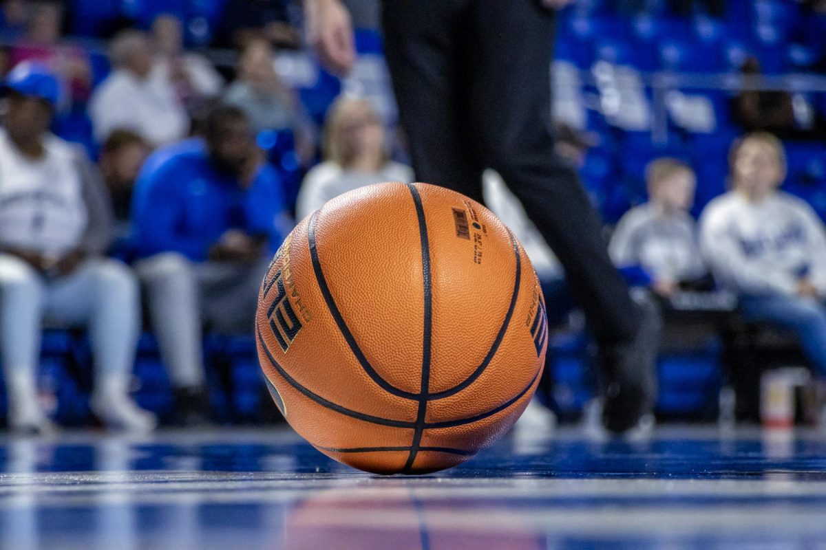 A basketball rests on the court during MTSU's game against the University of Delaware, inside the Murphy Center on Feb. 21, 2026.