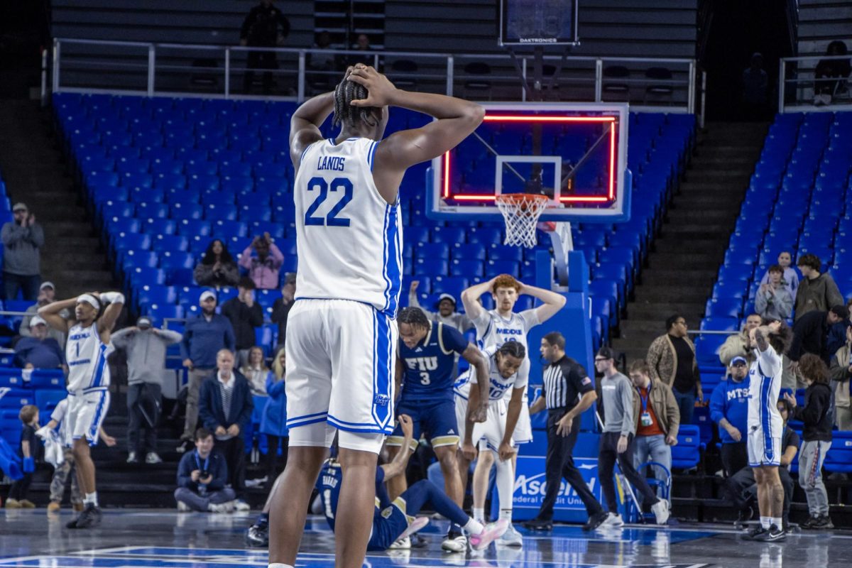 The Blue Raiders shocked after a foul at the end of a game against Florida International University, inside the Murphy Center on Feb. 2, 2026.