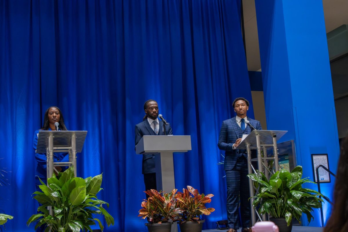Kennedy Garrett [left], Truvell Haddox [center] and Devin McClendon [right] at the SGA Presidential Debate in the Student Union atrium on Monday, Feb. 23, 2026. 
