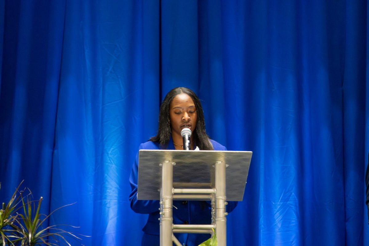 Kennedy Garrett addresses the crowd at the SGA Presidential Debate in the Student Union atrium on Monday, Feb. 23, 2026. 