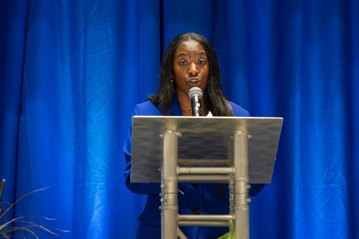 Kennedy Garrett delivers her closing remarks at the SGA Presidential Debate in the Student Union atrium on Monday, Feb. 23, 2026. 
