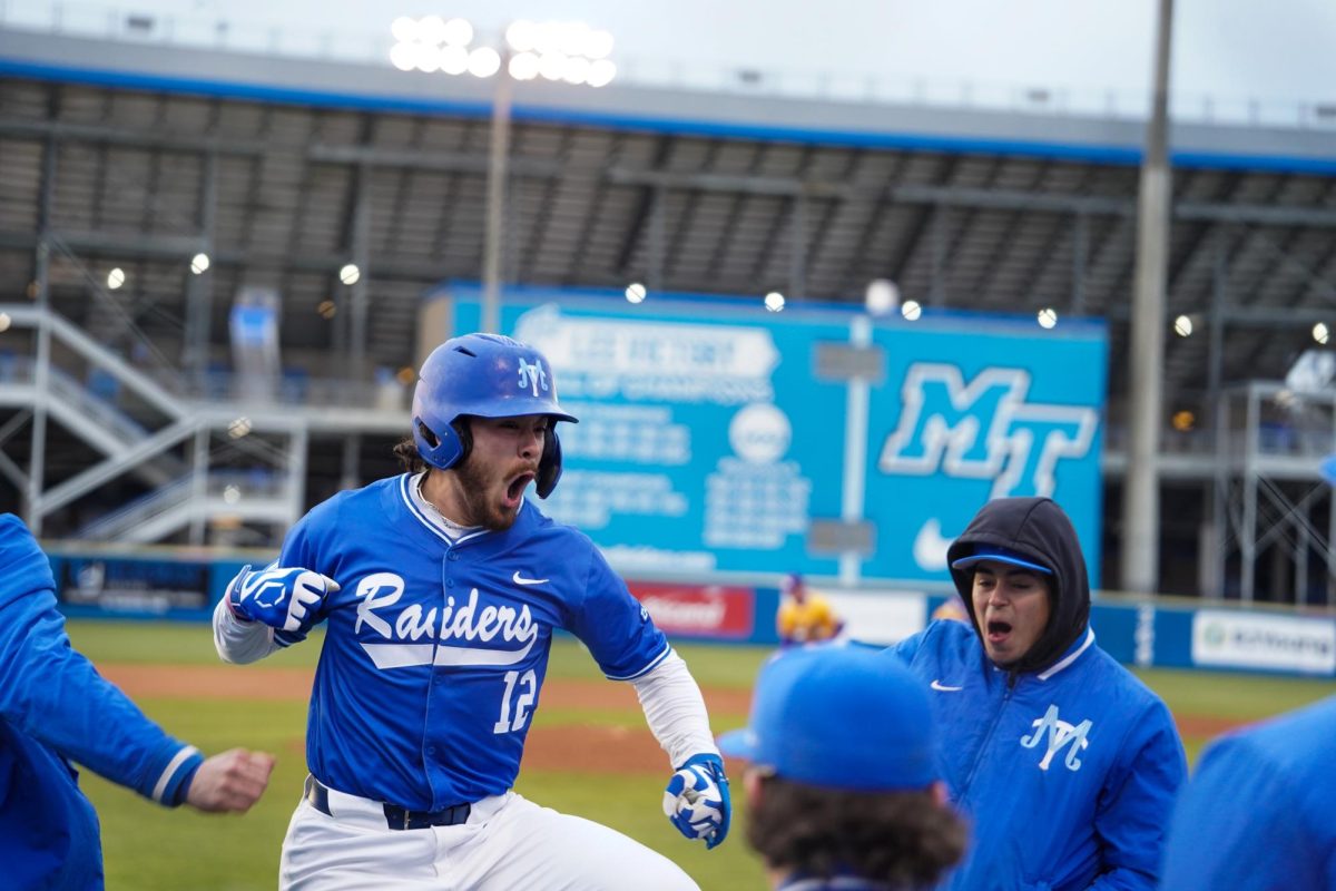 MTSU infielder Dean O’Neil celebrates with teammates after hitting a home run during a game against Tennessee Tech University at Reese Smith Jr. field on Tuesday, Feb. 23, 2026.
