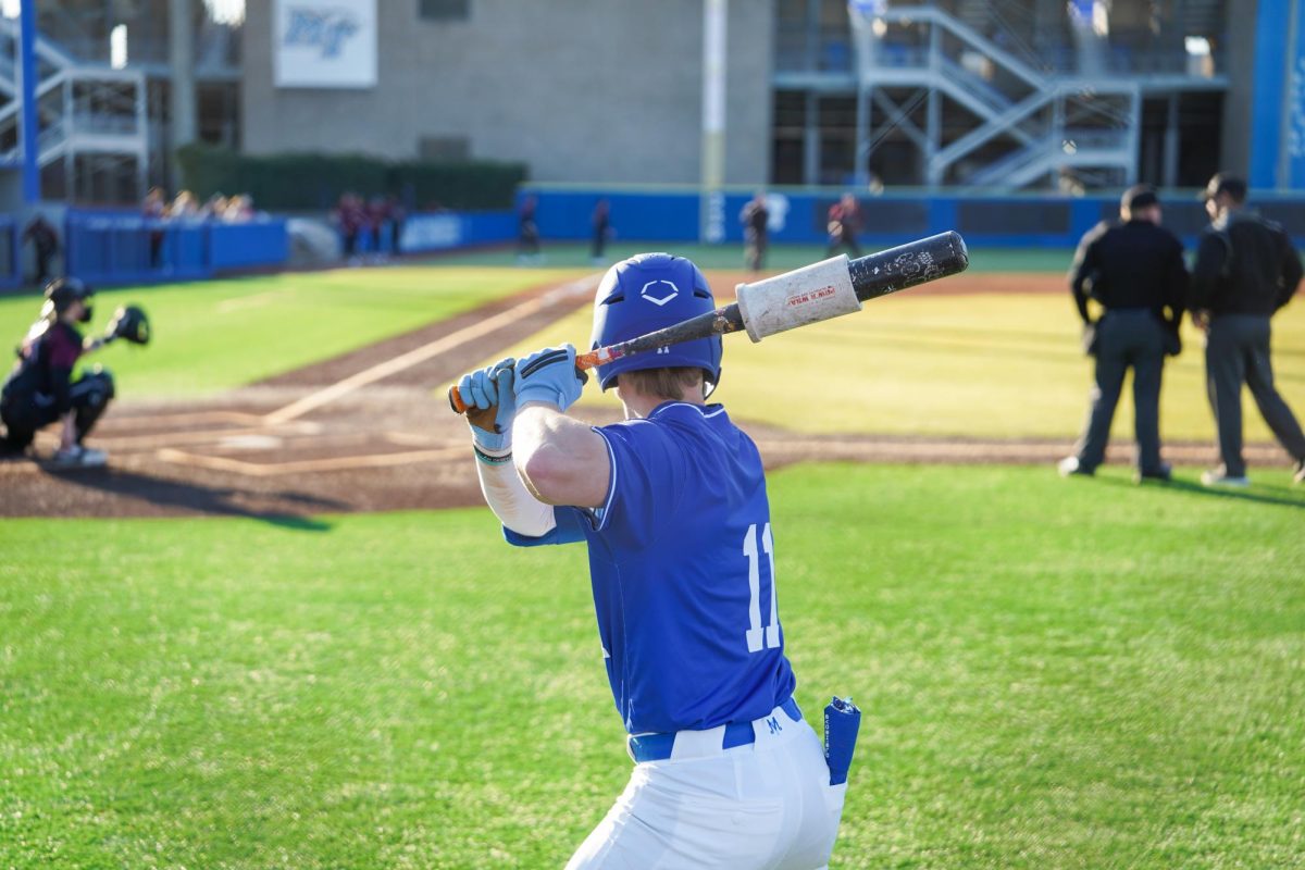 MTSU infielder Clay Badylak taking practice swings during a game against the Bellarmine Knights at Reese Smith Jr. Field on Saturday, Feb. 8, 2026.
