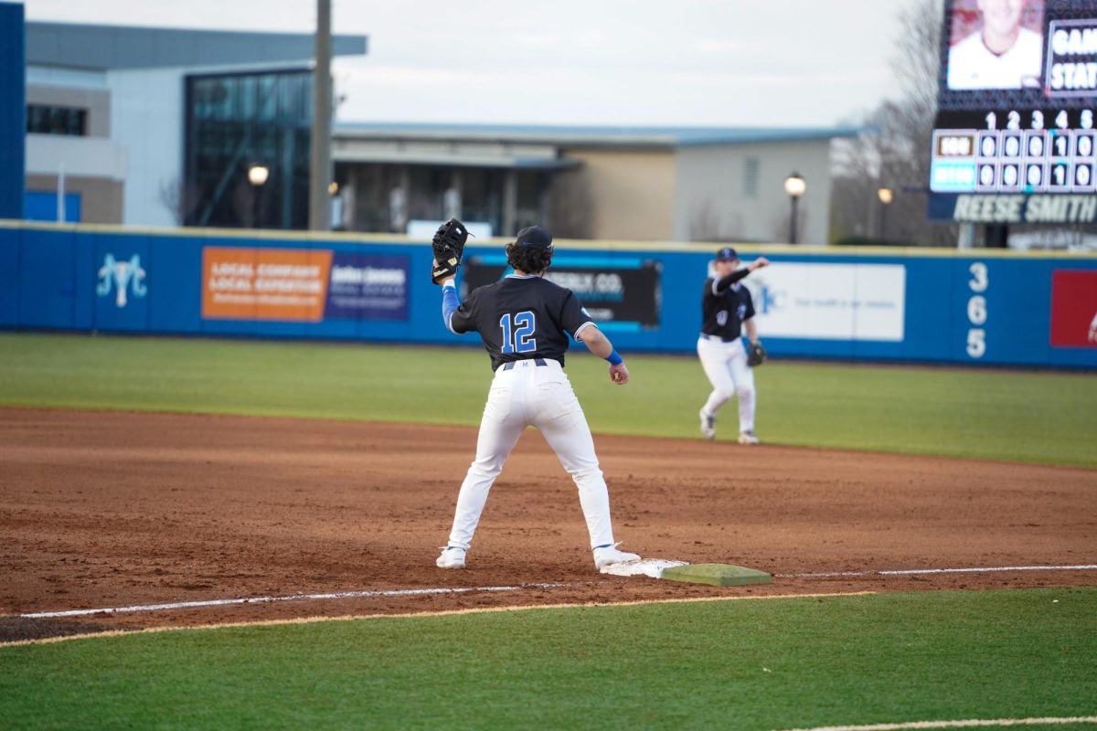MTSU infielder Dean O’Neil catches the ball to record an out during a game against St. Bonaventure at Reese Smith Jr. Field, Saturday, Feb. 21, 2026.