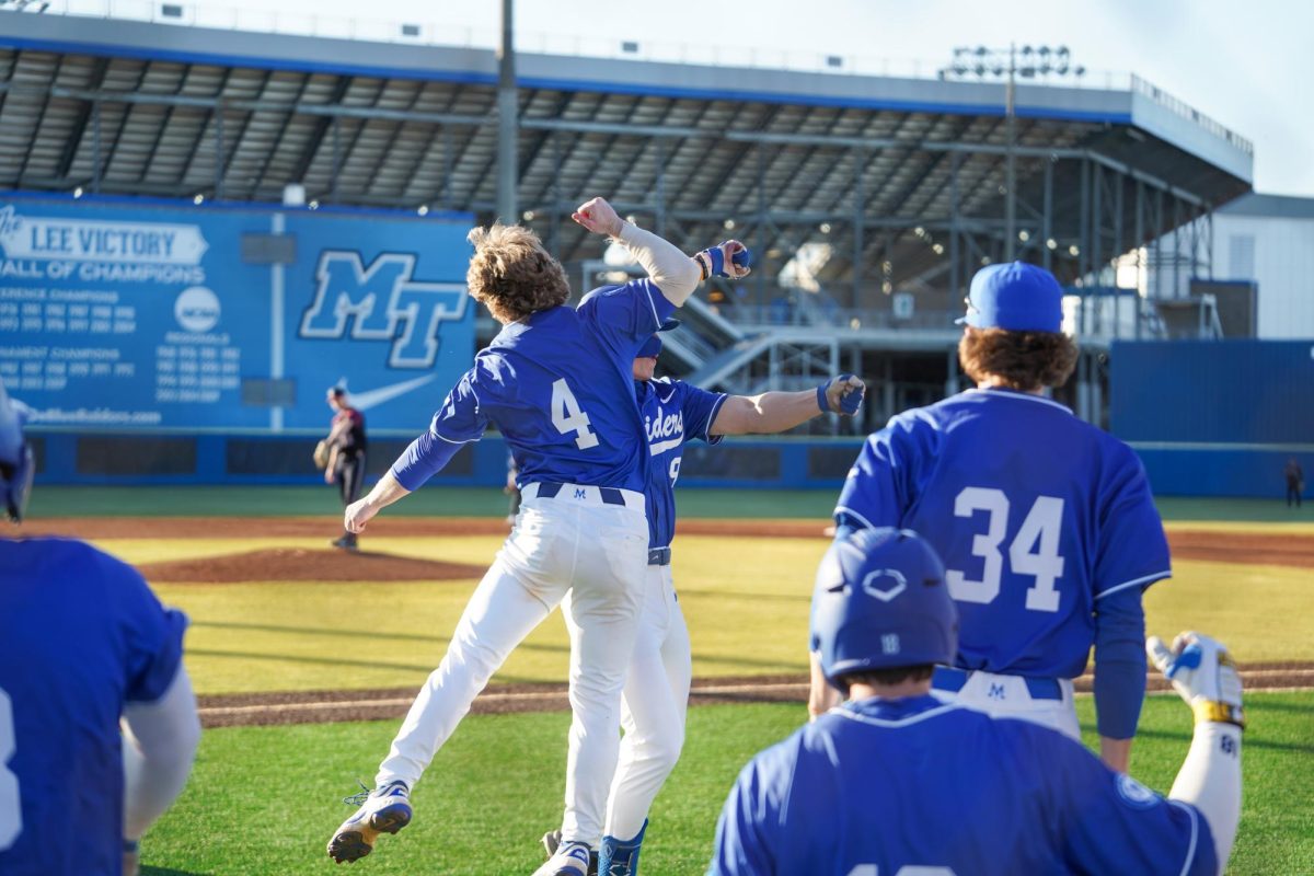 MTSU outfielder Owen Nowak celebrates with team after hitting a homerun during a game against the Bellarmine Knights at Reese Smith Jr. Field on Saturday, Feb. 8, 2026.

