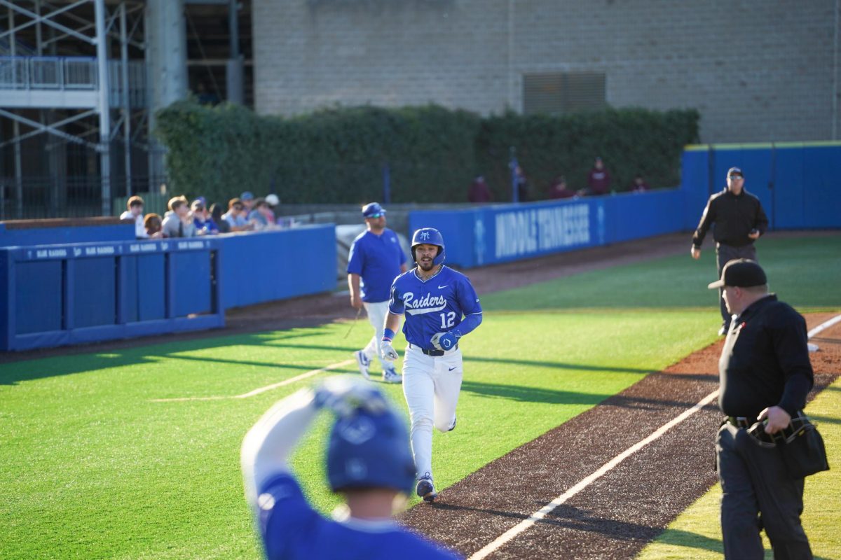 MTSU infielder Dean O’Neill trots the bases after hitting a homerun during a game against the Bellarmine Knights at Reese Smith Jr. Field on Saturday, Feb. 8, 2026.
