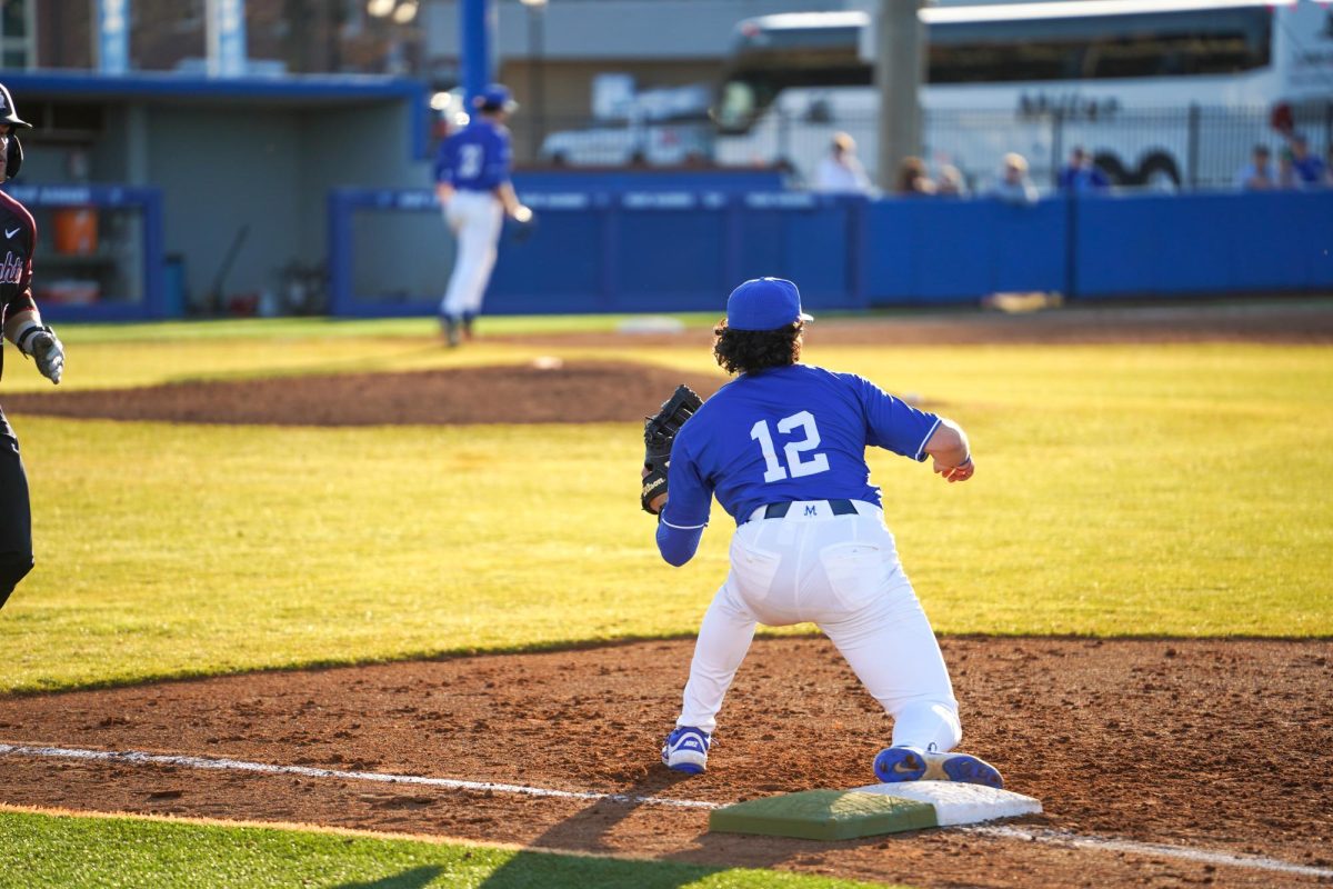 MTSU infielder Dean O’Neill stretches out to record an out during a game against the Bellarmine Knights at Reese Smith Jr. Field on Saturday, Feb. 8, 2026.