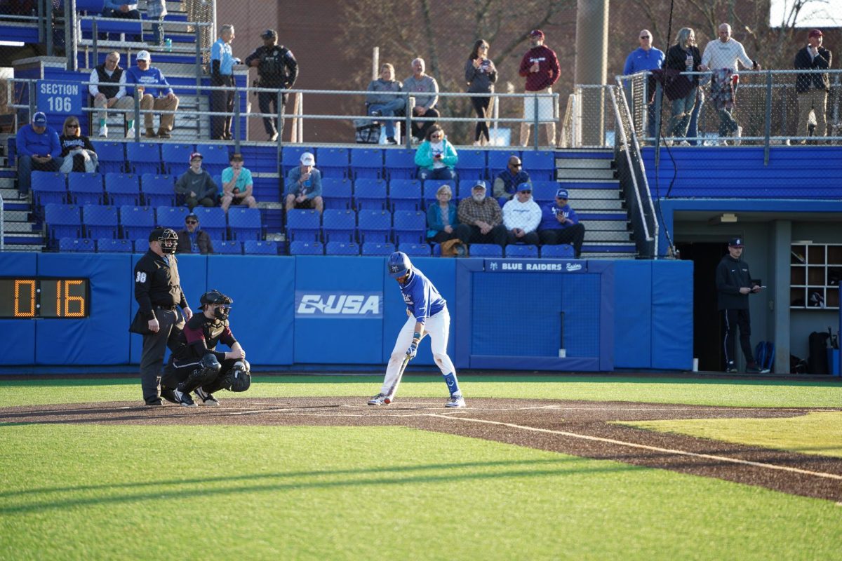 MTSU infielder Matt Wolfe stands in the box as the catcher and umpire set up behind the plate during a game against the Bellarmine Knights at Reese Smith Jr. Field on Saturday, Feb. 8, 2026.
