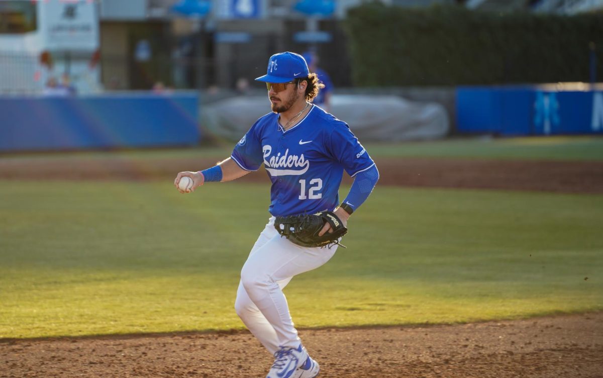 MTSU infielder Dean O’Neill calls off pitcher Collin Kerrigan to record an out during a game against the Bellarmine Knights at Reese Smith Jr. Field on Saturday, Feb. 8, 2026.