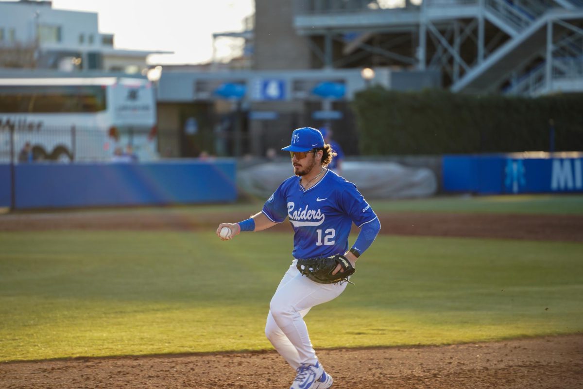 MTSU infielder Dean O’Neill calls off pitcher Collin Kerrigan to record an out during a game against the Bellarmine Knights at Reese Smith Jr. Field on Saturday, Feb. 8, 2026.