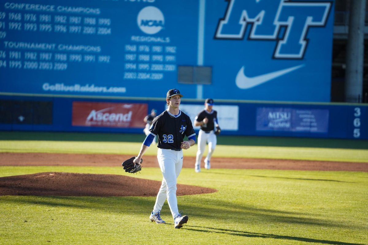 MTSU pitcher Drew Horn walks toward the dugout after a strikeout during a game against St. Bonaventure at Reese Smith Jr. Field, Saturday, Feb. 21, 2026.