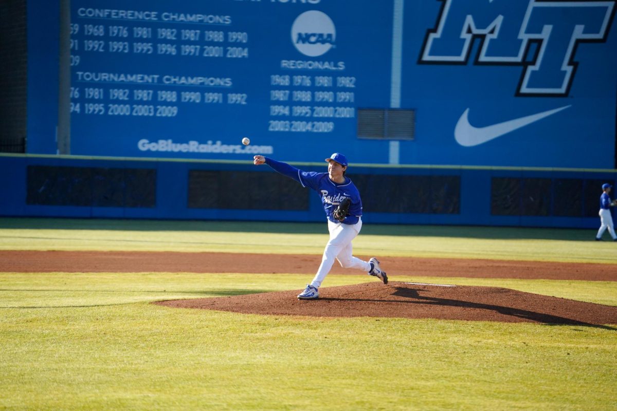 MTSU pitcher Drew Horn delivers the first pitch of the season against the Bellarmine Knights at Reese Smith Jr. Field on Saturday, Feb. 8, 2026.
